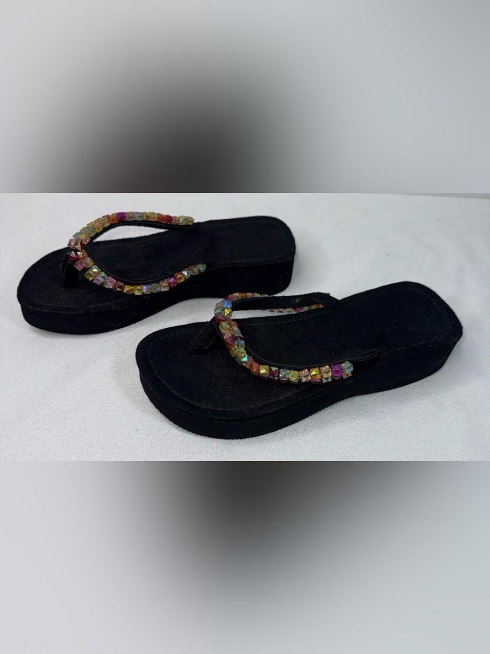 Black Beaded Platform Flip Flops - Women